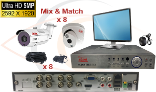 CCTV HD Security Camera System 5 in 1 5MP Standalone 8 Port DVR w/ 5MP HD Coax Cameras, Cables, HDD & Monitor